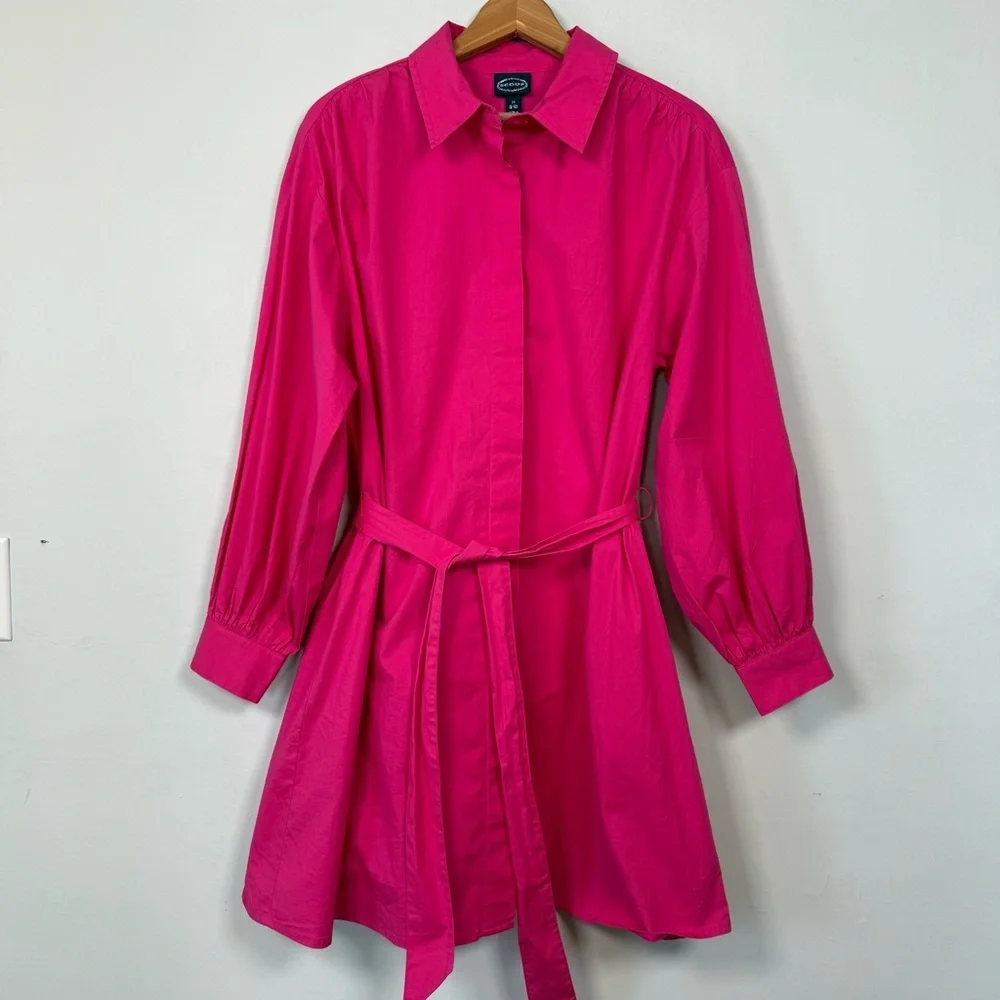 Scoop Women's Hot Pink Balloon Sleeve Shirtdress with Pockets, Size L - Picture 2 of 11